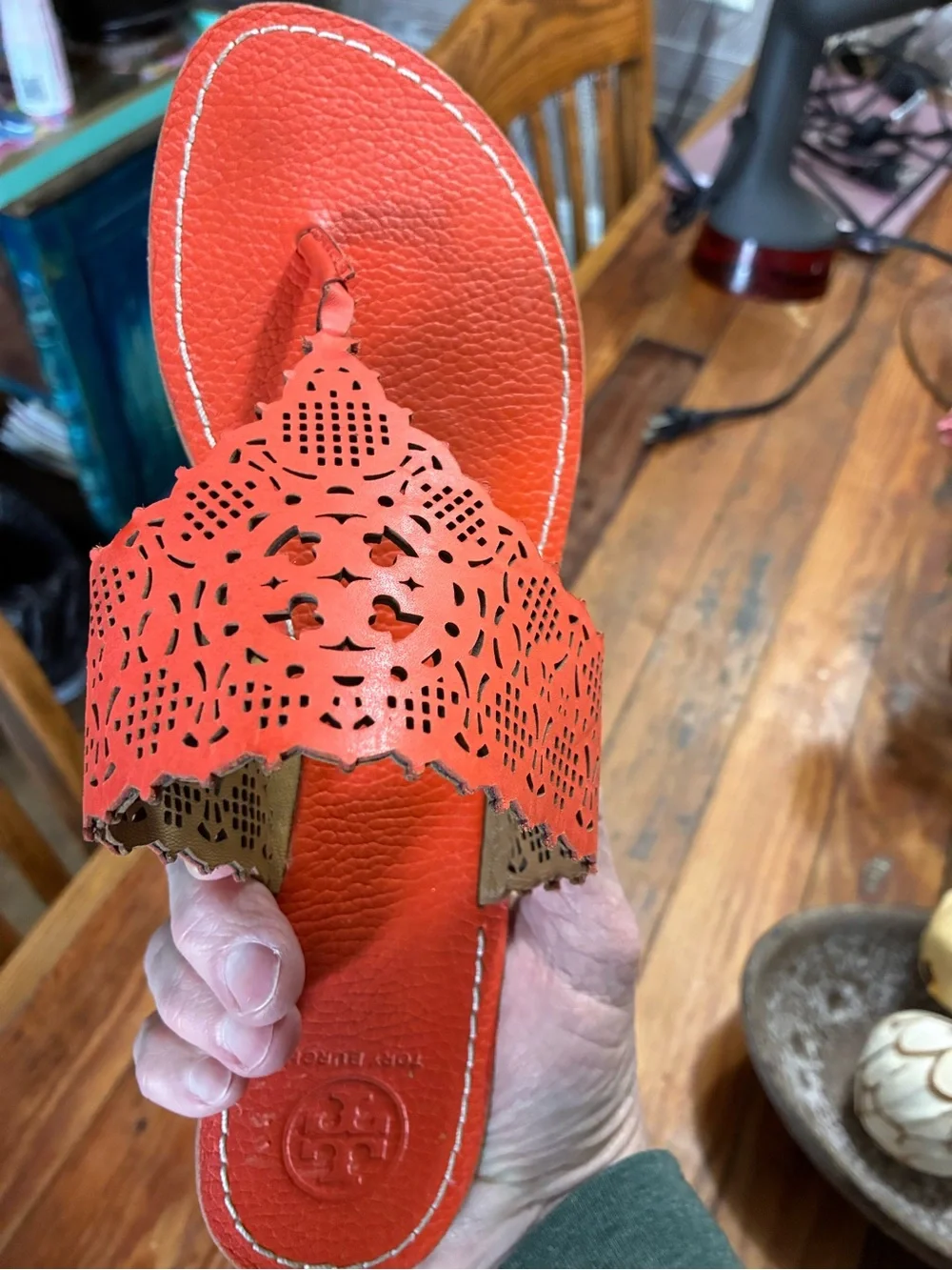 Tory Burch Orange Laser-Cut Leather Thong Sandals